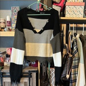 SHEIN Black, Gray, and Cream V-Neck Sweater
